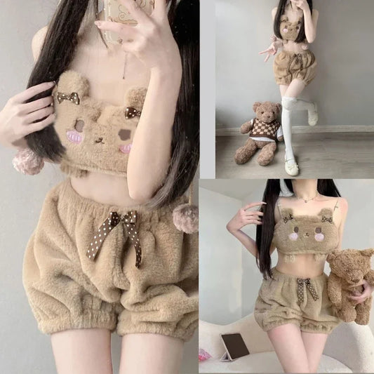Women's Cartoon Bear Plush Winter Underwear Set Furry Padded Tube Top Bra And Pumpkin Shorts Panty Anime Lingerie for Girls